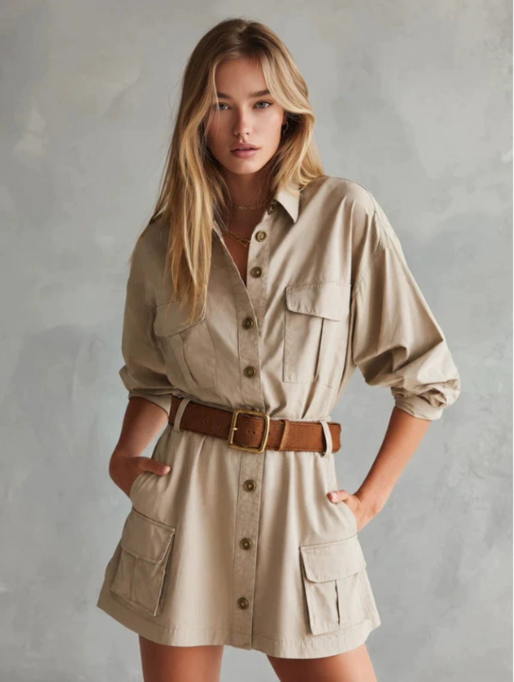 FOREVER 21 Womens Fashion Casual Khaki Multi Pocket Long Sleeve Mini Dress